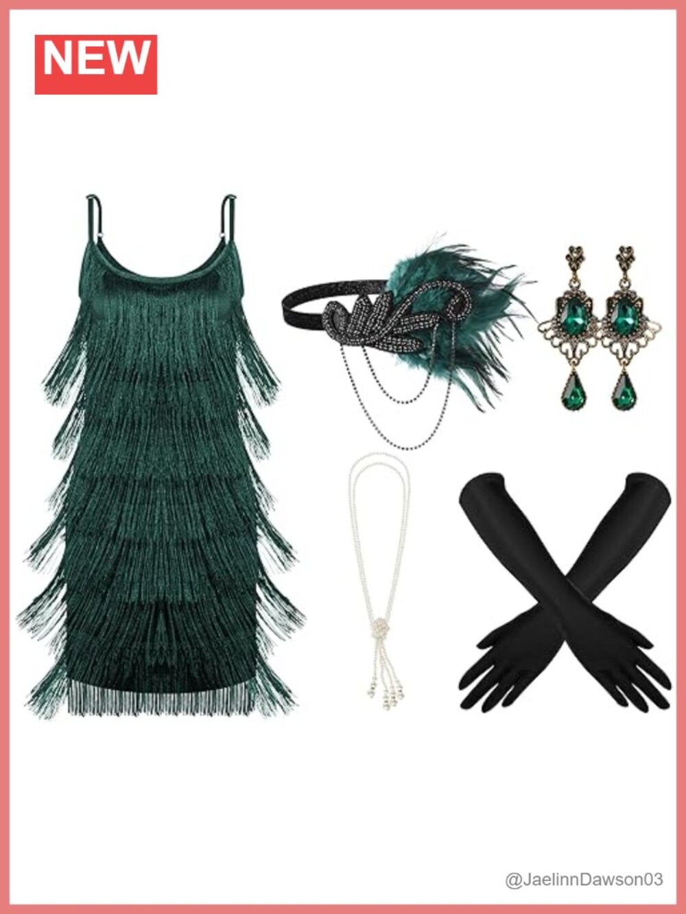 1920s Flapper Costume Set Fringed Dress Headband Necklace Earrings Gloves